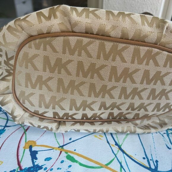 Michael Kors Logo Hobo Tote Shoulder Bag –Braided Grommet Handle Beige Canvas - Picture 12 of 13